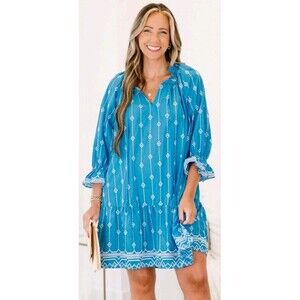 Umgee Collar Split Neck Short Ruffle Sleeves Tiered Mini Dress Plus Sz 2X Blue